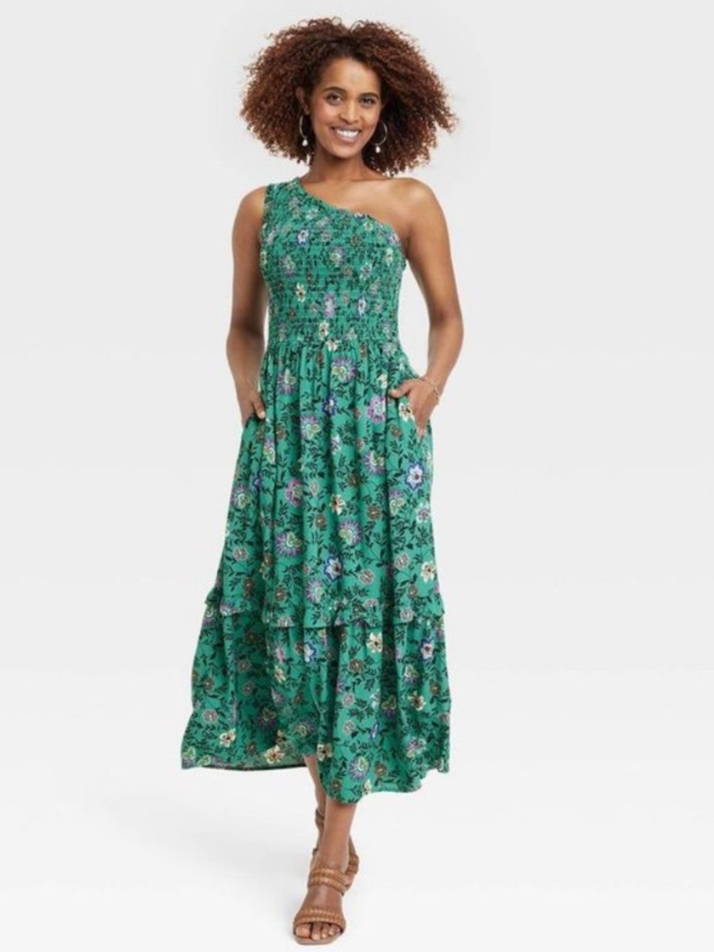Green Floral One-Shoulder Maxi Dress